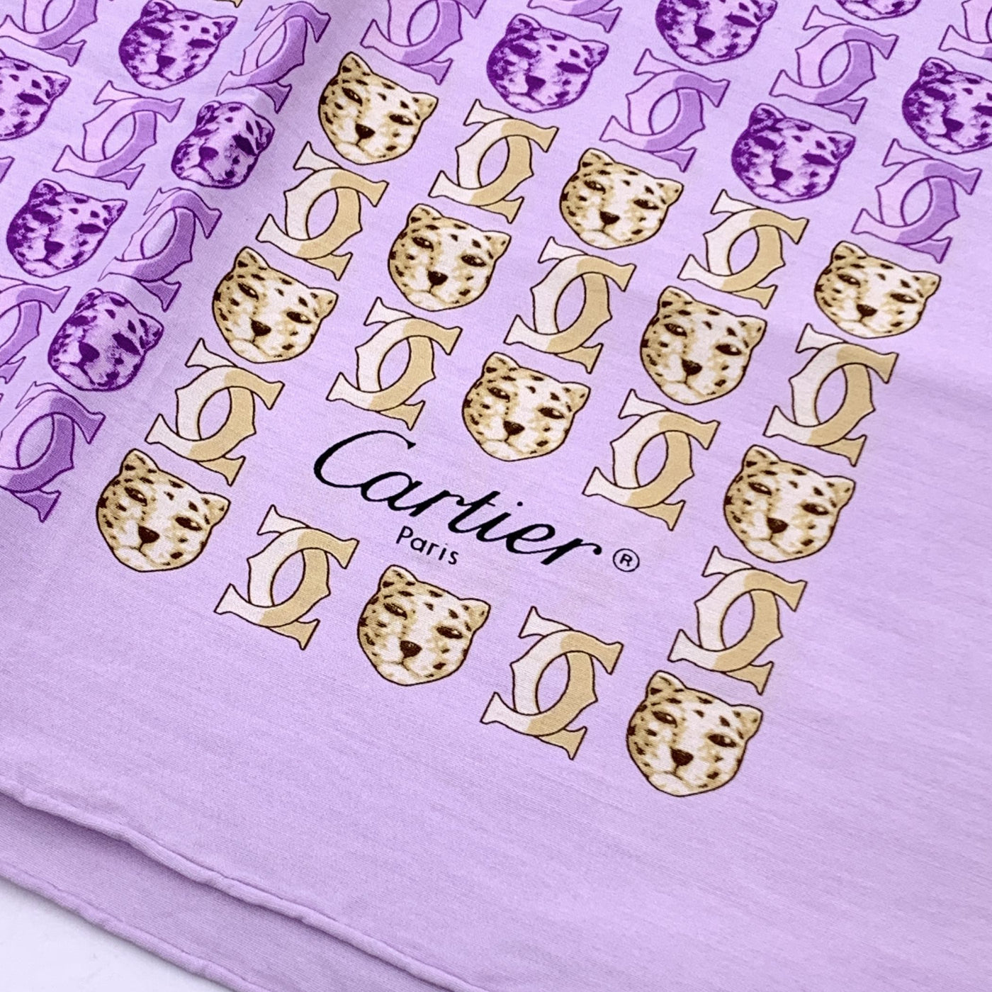 Cartier Vintage Lilac Yellow Logos and Leopard Cotton Small Scarf