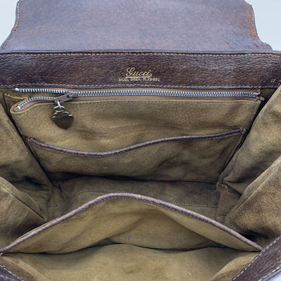 Gucci Vintage Brown Leather Top Wood Handle Bag Handbag
