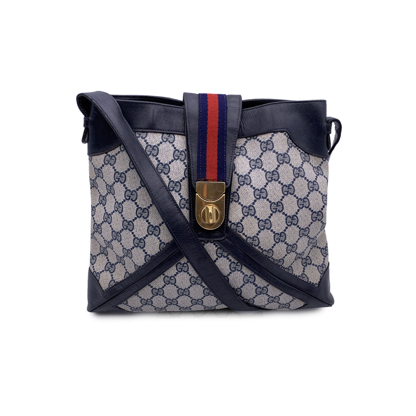 Gucci Vintage Blue Monogram Canvas Shoulder Bag with Stripes