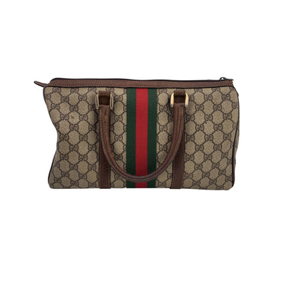 Gucci Vintage Brown Monogram Canvas Leather Web Boston Bag