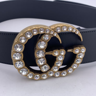 Gucci Black Leather Marmont Wide Belt with Crystal GG Buckle 110/44