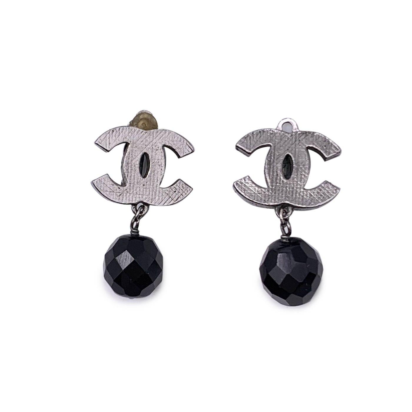 Chanel Silver Metal CC Logo Black Faceted Beads Drop Clip On Earrings