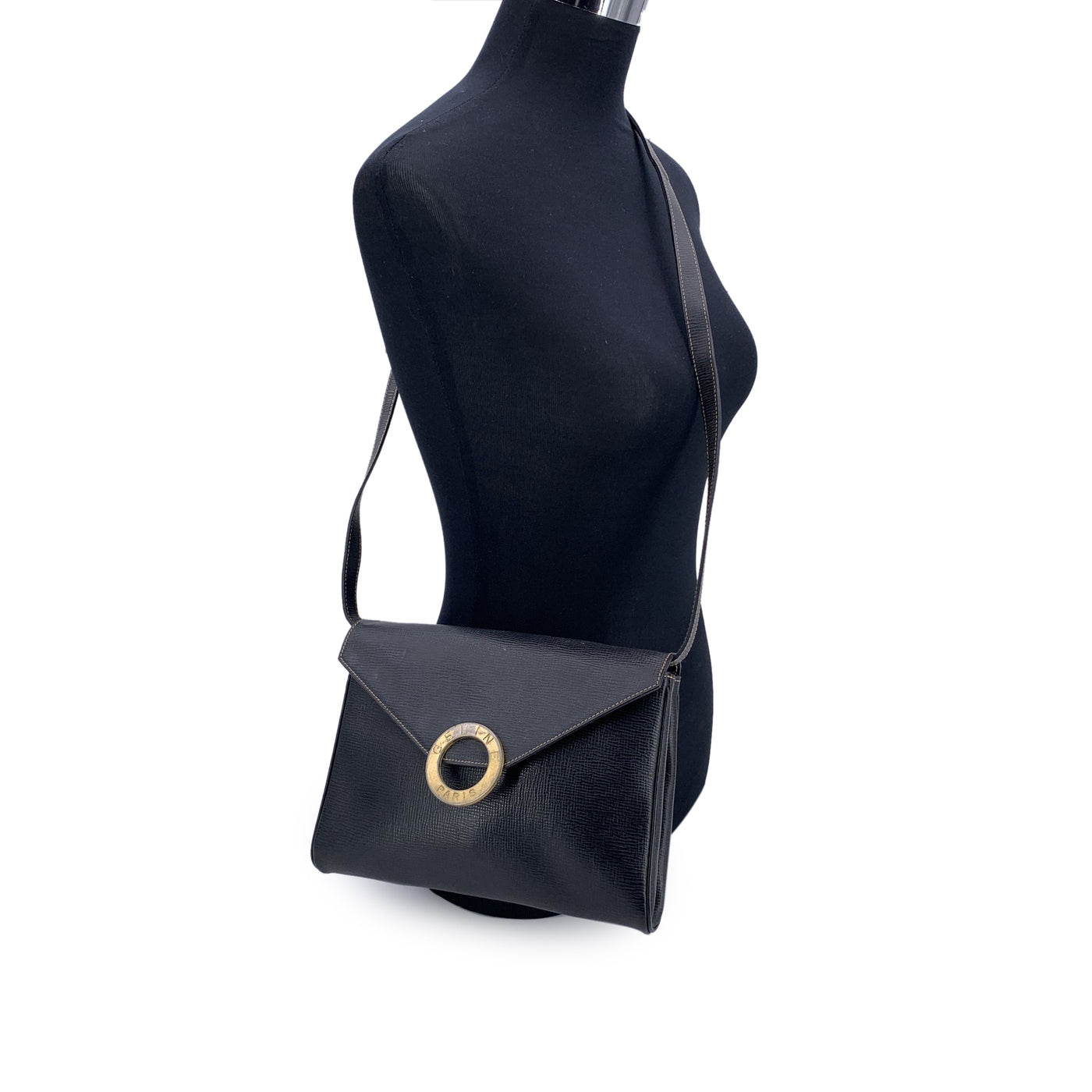 Celine Vintage Black Leather Ring Convertible Shoulder Bag
