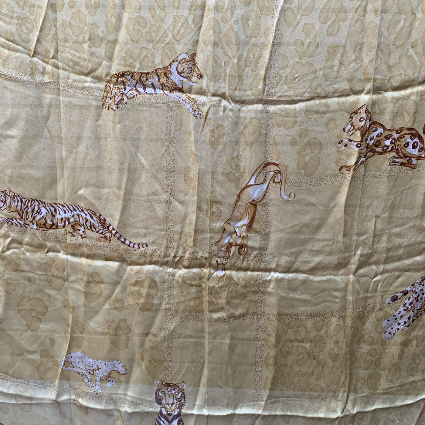 Cartier Beige Chiffon Panthers and Tigers Silk Scarf Animal Pattern