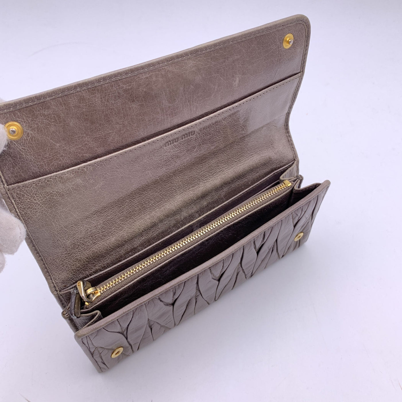 Miu Miu Taupe Matelassé Leather Continental Flap Wallet Purse