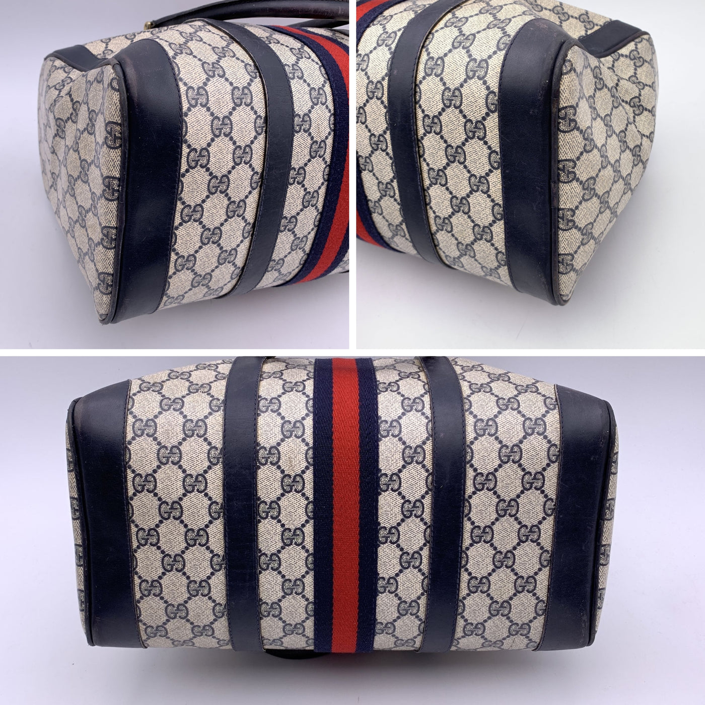 Gucci Vintage Blue Canvas and Leather Monogram Web Boston Bag