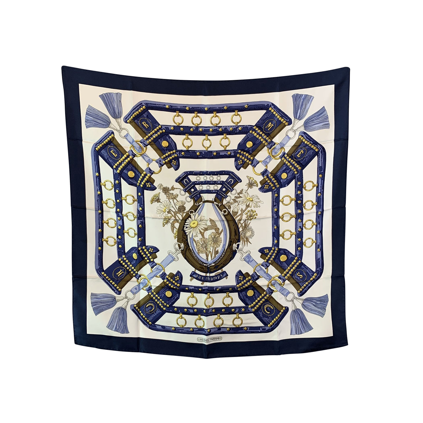 Hermes Paris Vintage Blue Silk Scarf Aux Champs 1970 Cathy Latham