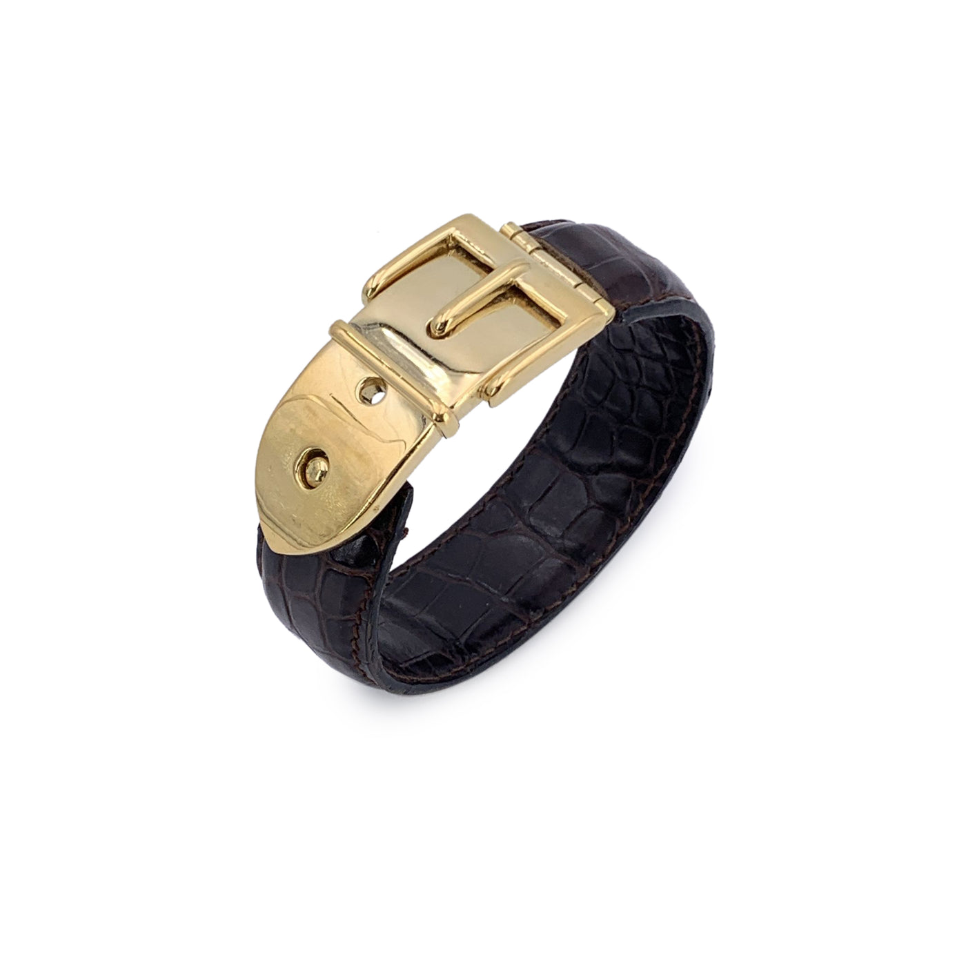Gucci Vintage Brown Leather Belt Bangle Cuff Bracelet Gold Buckle
