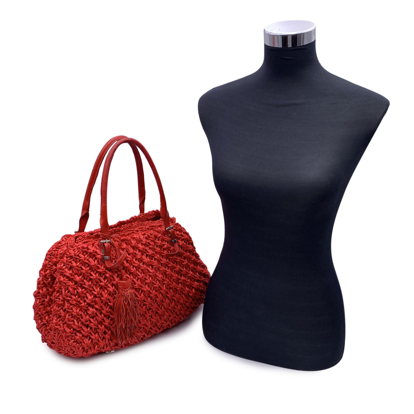 Ermanno Scervino Red Raffia and Leather Tote Shoulder Bag