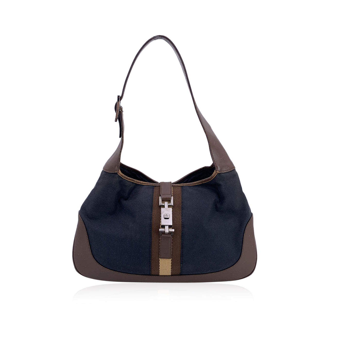 Gucci Black Canvas Brown Leather Jackie Hobo Bag Handbag
