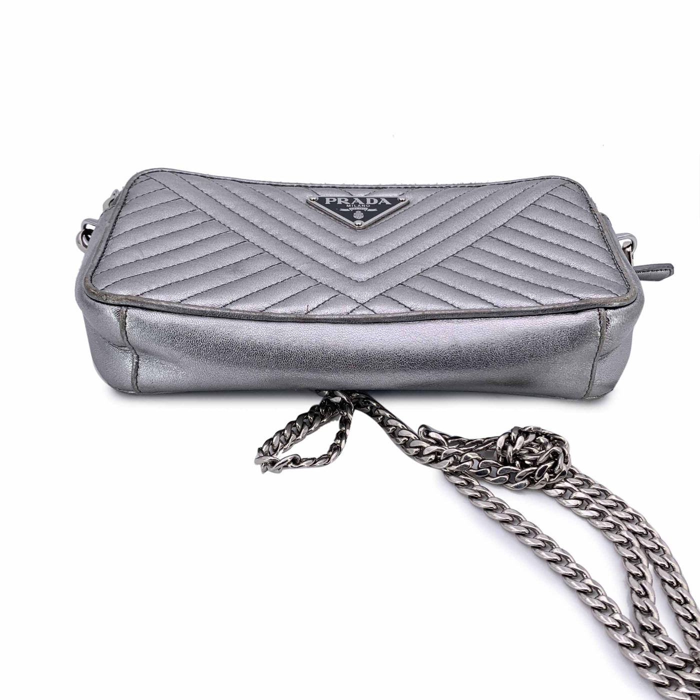 Prada Silver Metal Quilted Leather Diagramme Wallet on Chain Bag