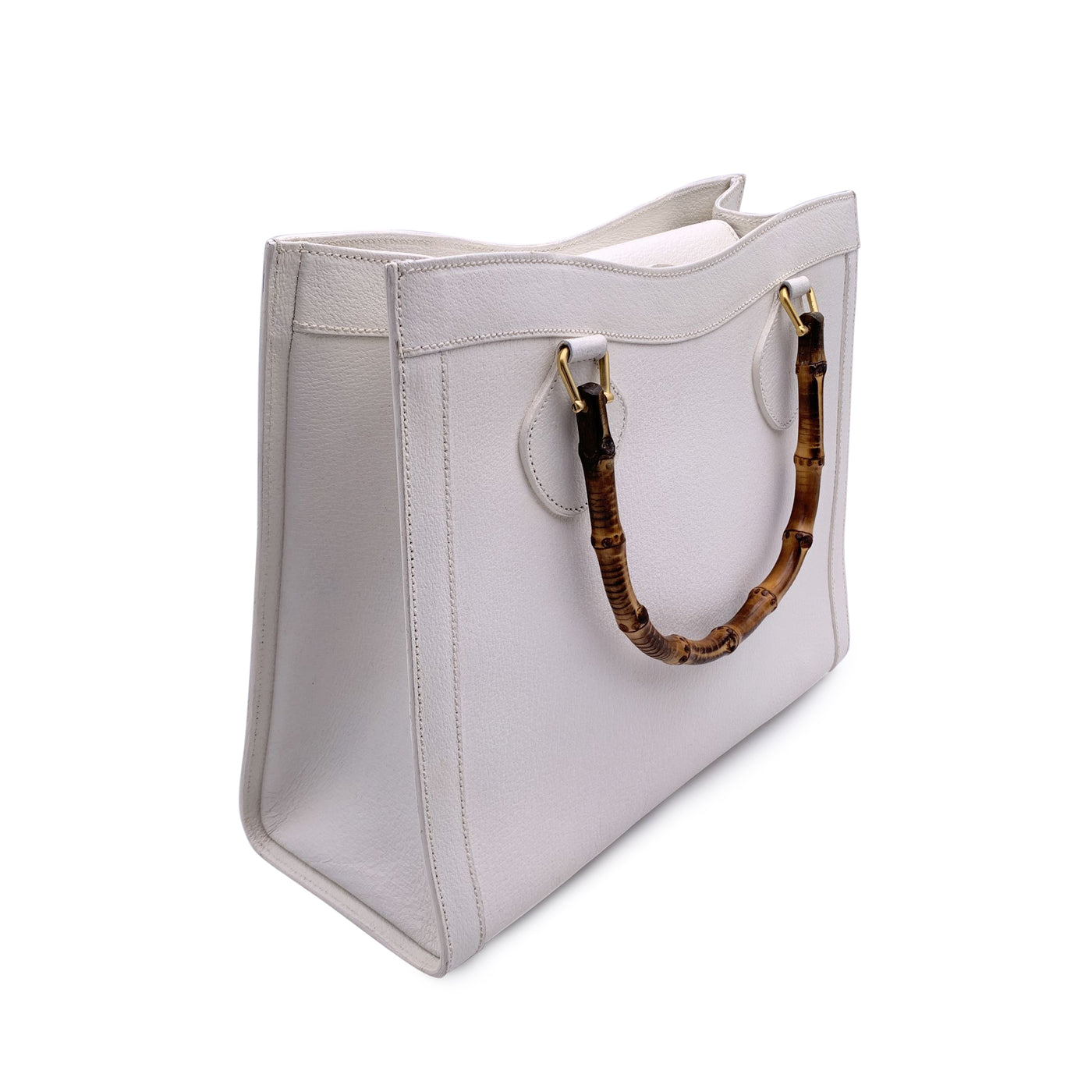 Gucci Vintage White Leather Bamboo Princess Diana Tote Bag