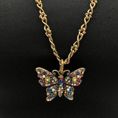 Gucci Aged Gold Metal Multicolor Crystal Butterfly Necklace