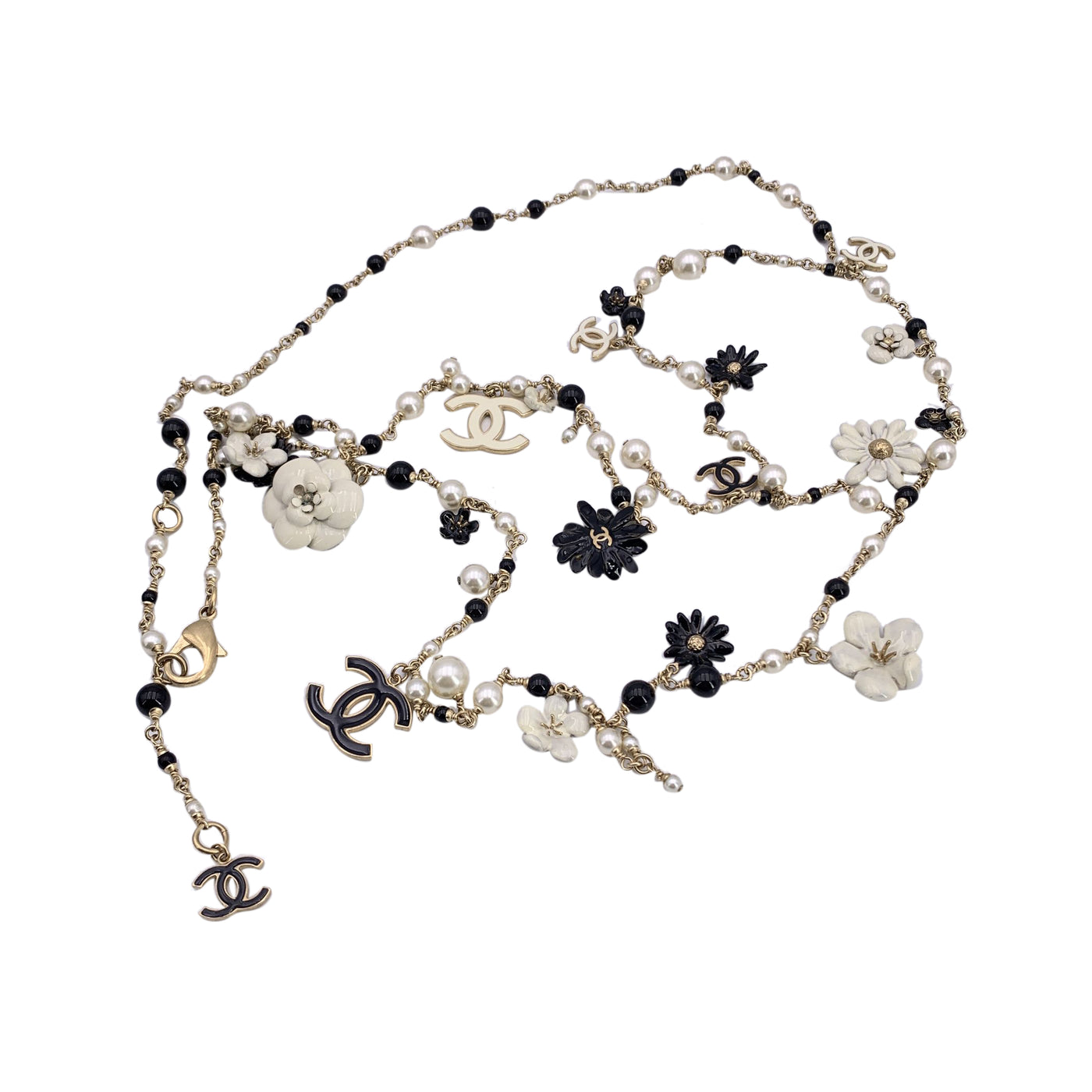 Chanel Camelia Flowers and CC Logos Long Multi Strand Necklace