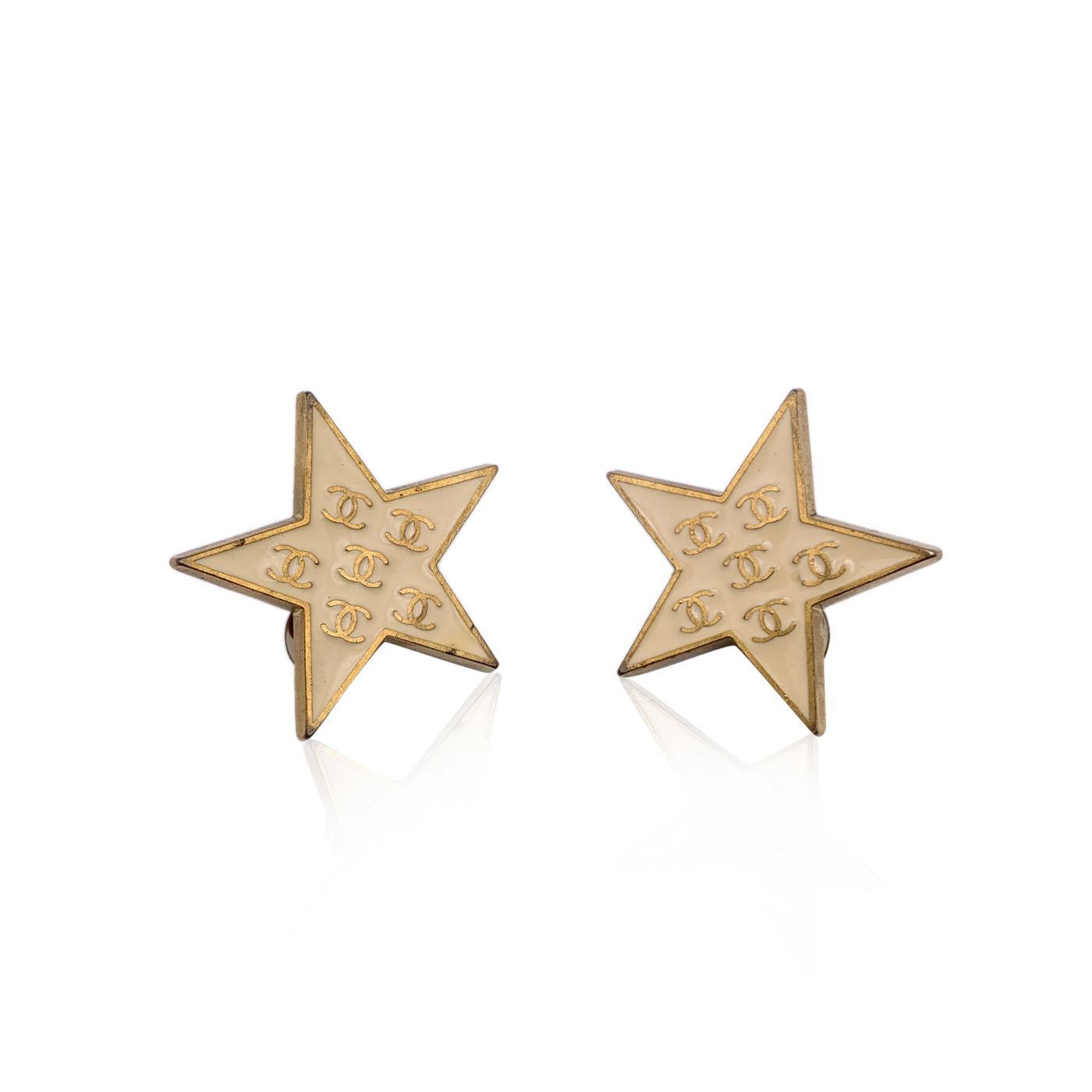 Chanel Vintage Gold Metal Beige Stars CC Logos Clip On Earrings