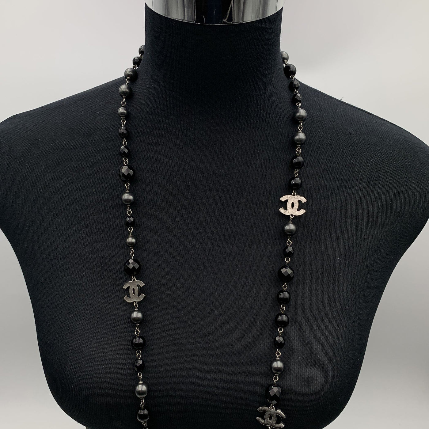 Chanel Gunmetal Long Necklace CC Logo Grey Pearls Black Beads