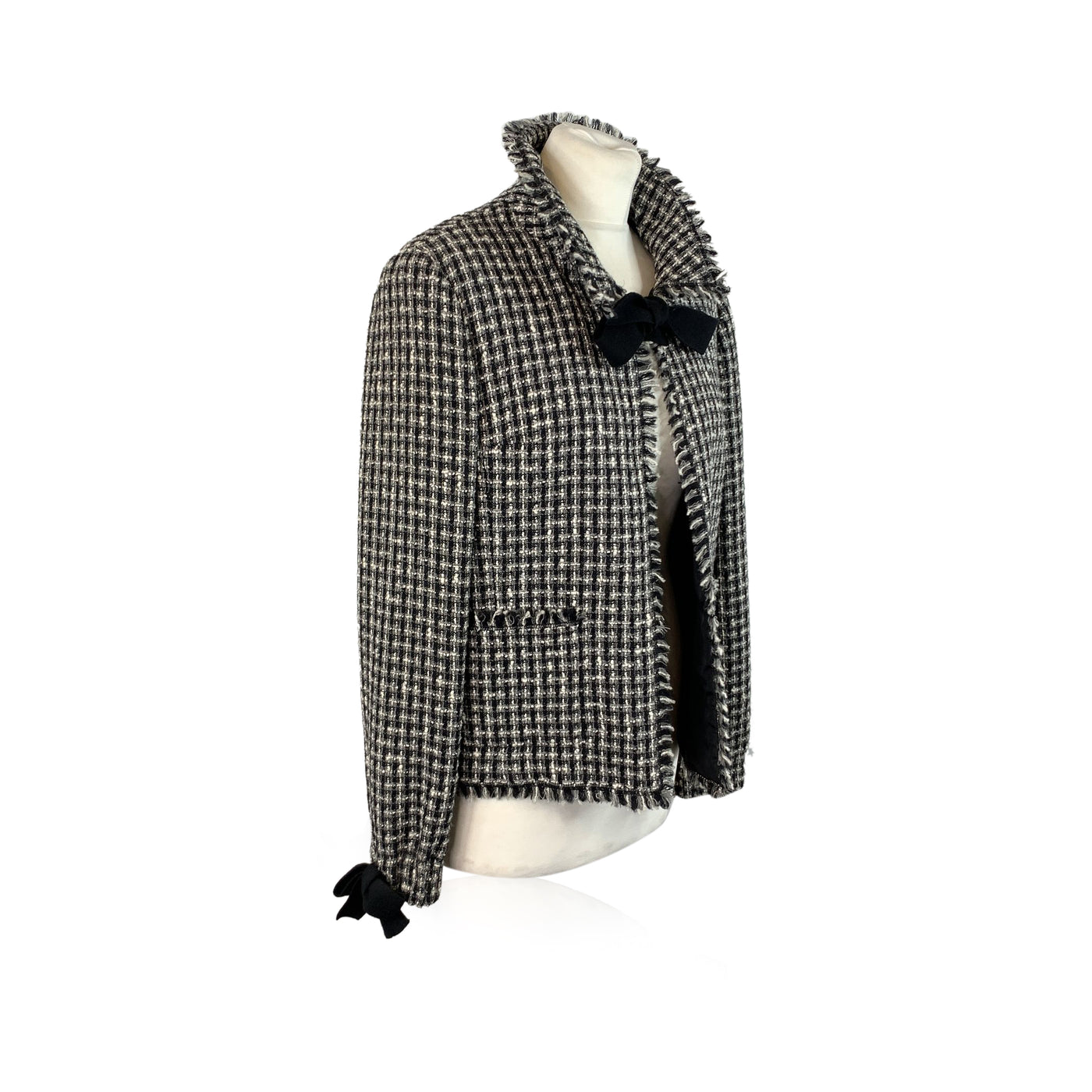 Chanel 2004 Black White Wool Tweed Jacket with Bows Size 42 FR