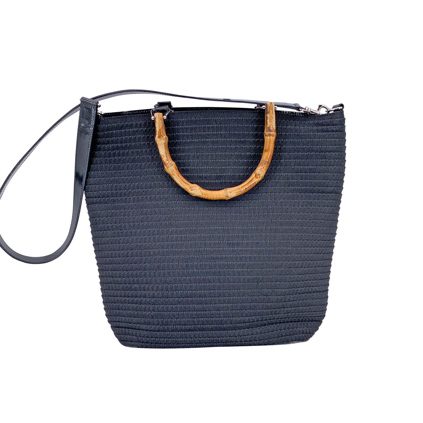 Gucci Vintage Black Stitching Canvas Bamboo 2 Way Tote Bag