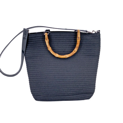 Gucci Vintage Black Stitching Canvas Bamboo 2 Way Tote Bag