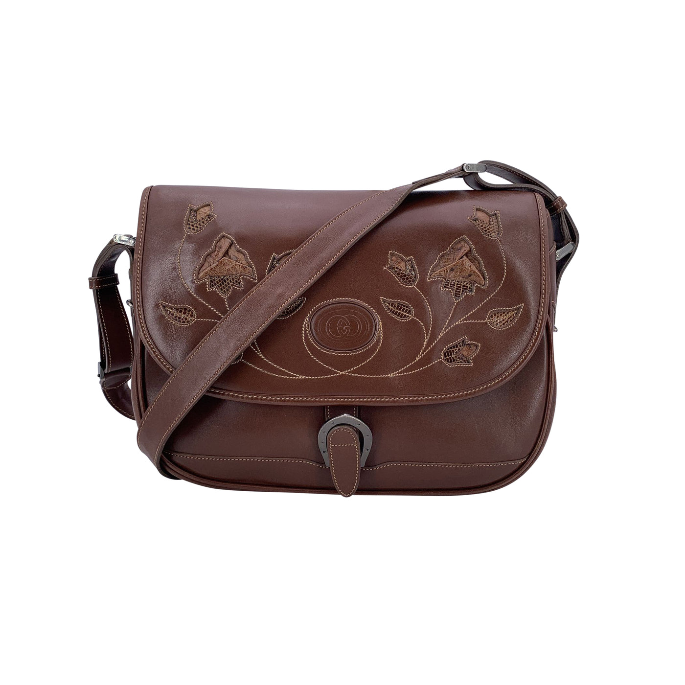 Gucci Vintage Brown Leather Intarsia Flower Flap Shoulder Bag