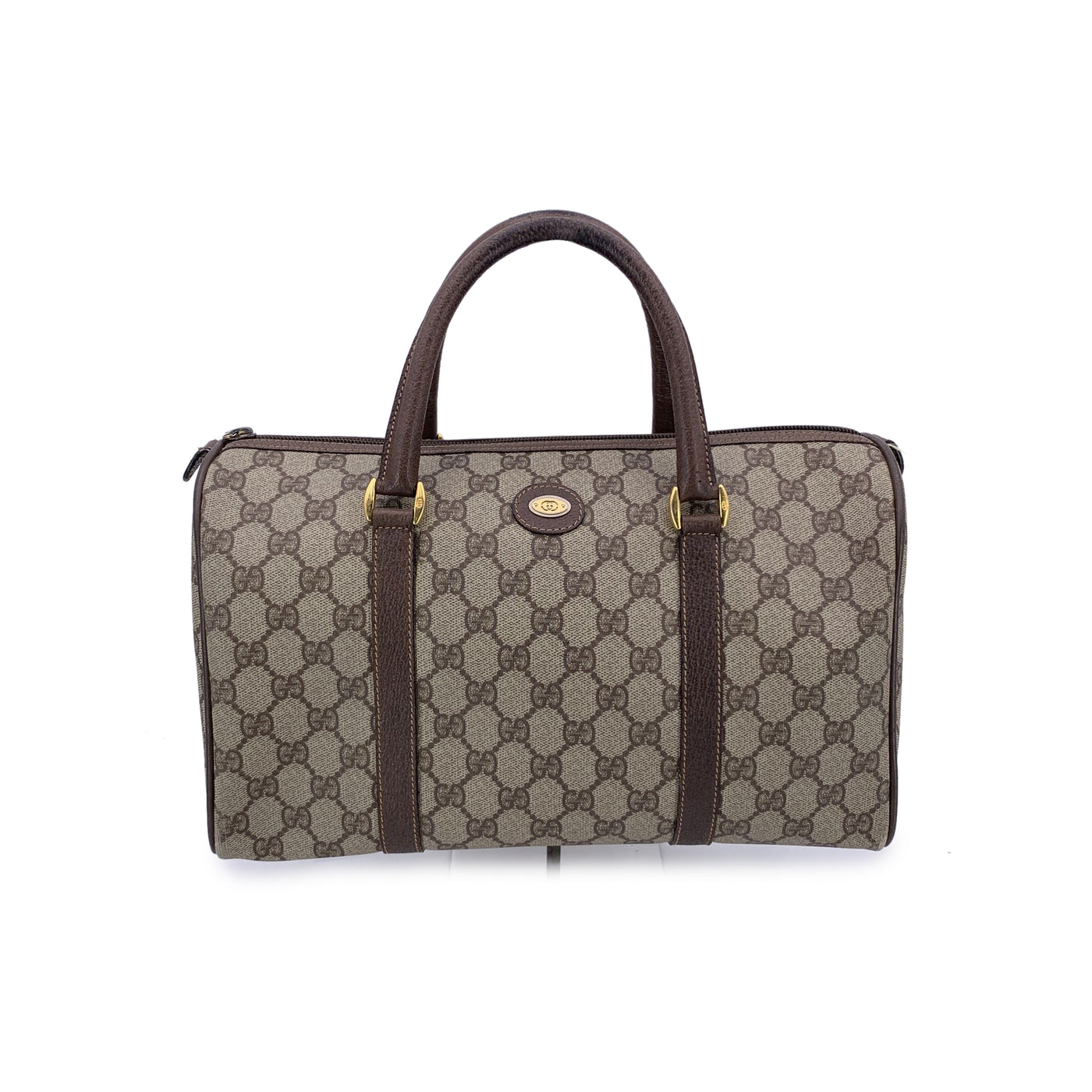 Gucci Vintage Beige Monogram Canvas Leather GG Logo Boston Bag