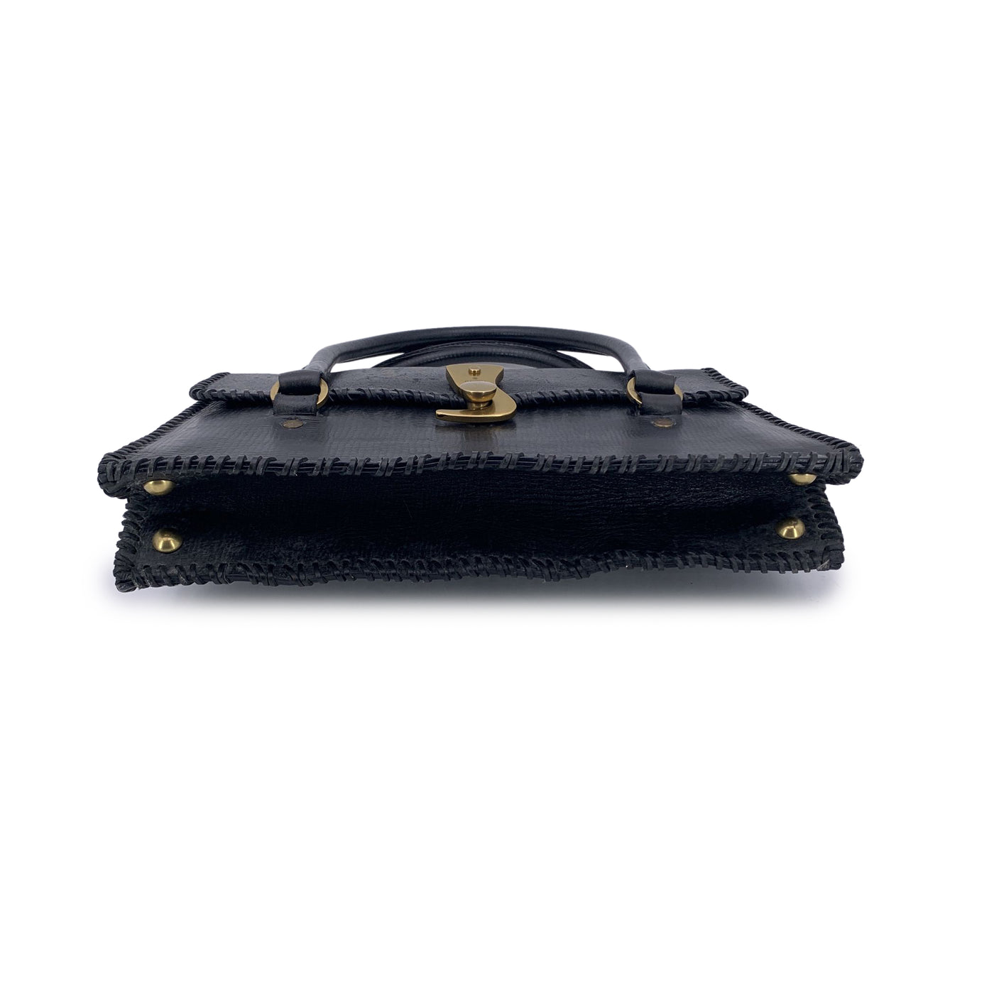Gucci Black Leather Hook Closure Whipstitched Satchel Handbag