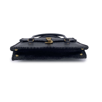 Gucci Black Leather Hook Closure Whipstitched Satchel Handbag