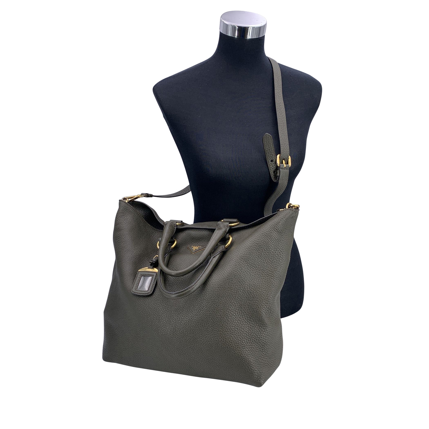 Prada Military Green Leather 2 Way Tote Shopping Bag with Strap