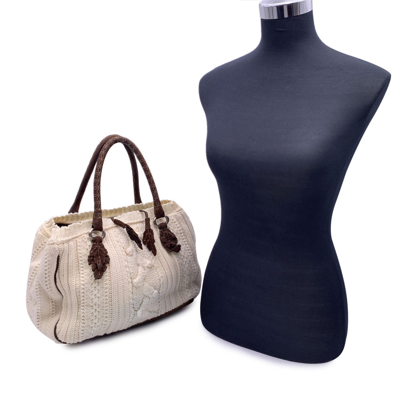 Ermanno Scervino White Brown Wool Knit Tote Shoulder Bag