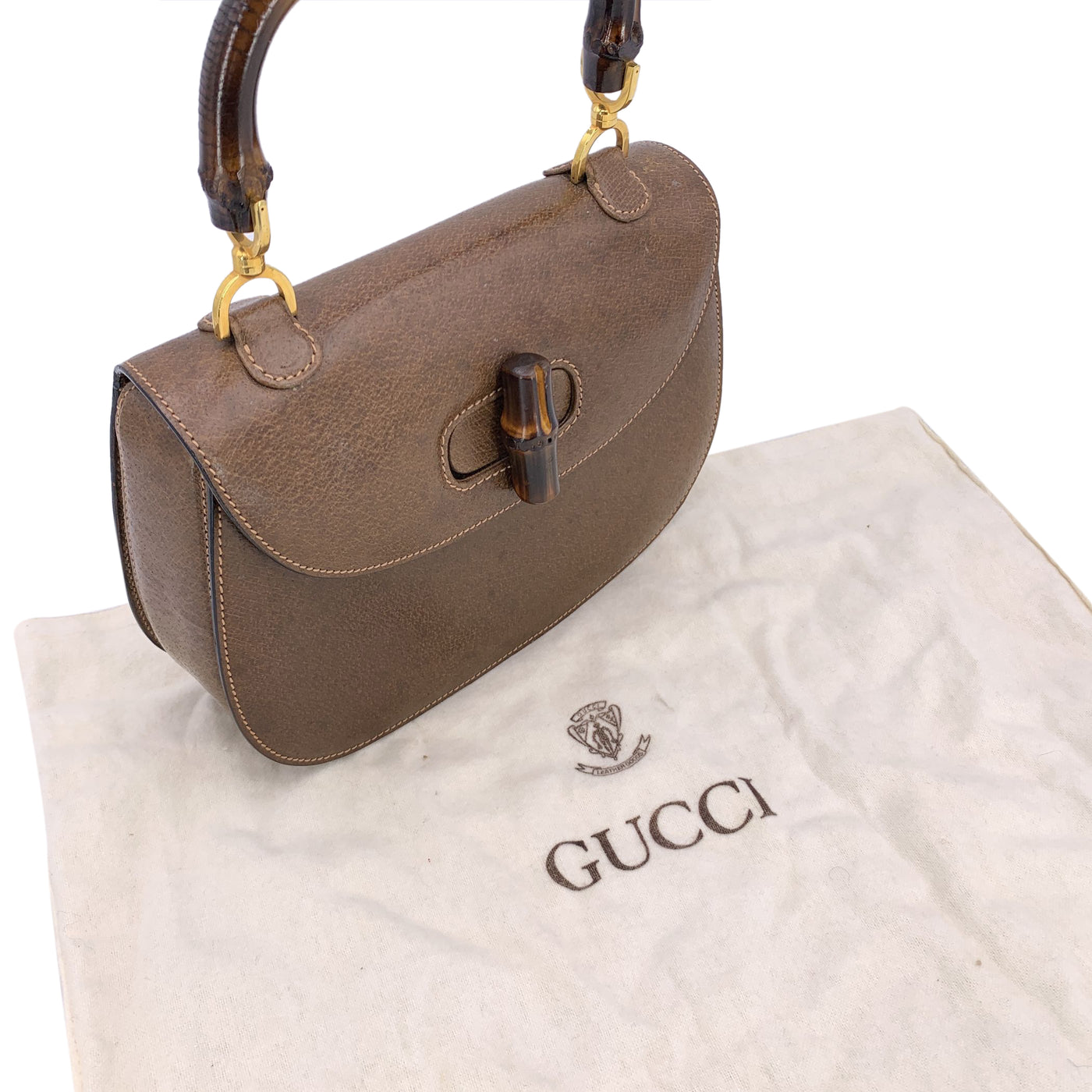 Gucci Rare Vintage Brown Leather Bamboo Top Handle Bag Handbag