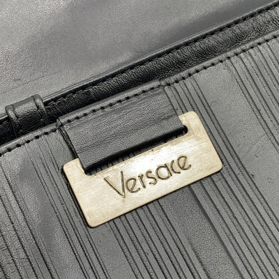 Gianni Versace Vintage Black Ribbed Leather Convertible Shoulder Bag