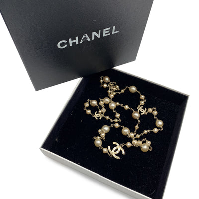 Chanel Light Gold Metal Long Necklace CC Logo Baroque Pearls Beads