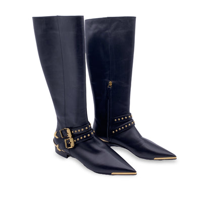 Versace Black Leather Riding Boots with Gold Metal Buckles Size 36