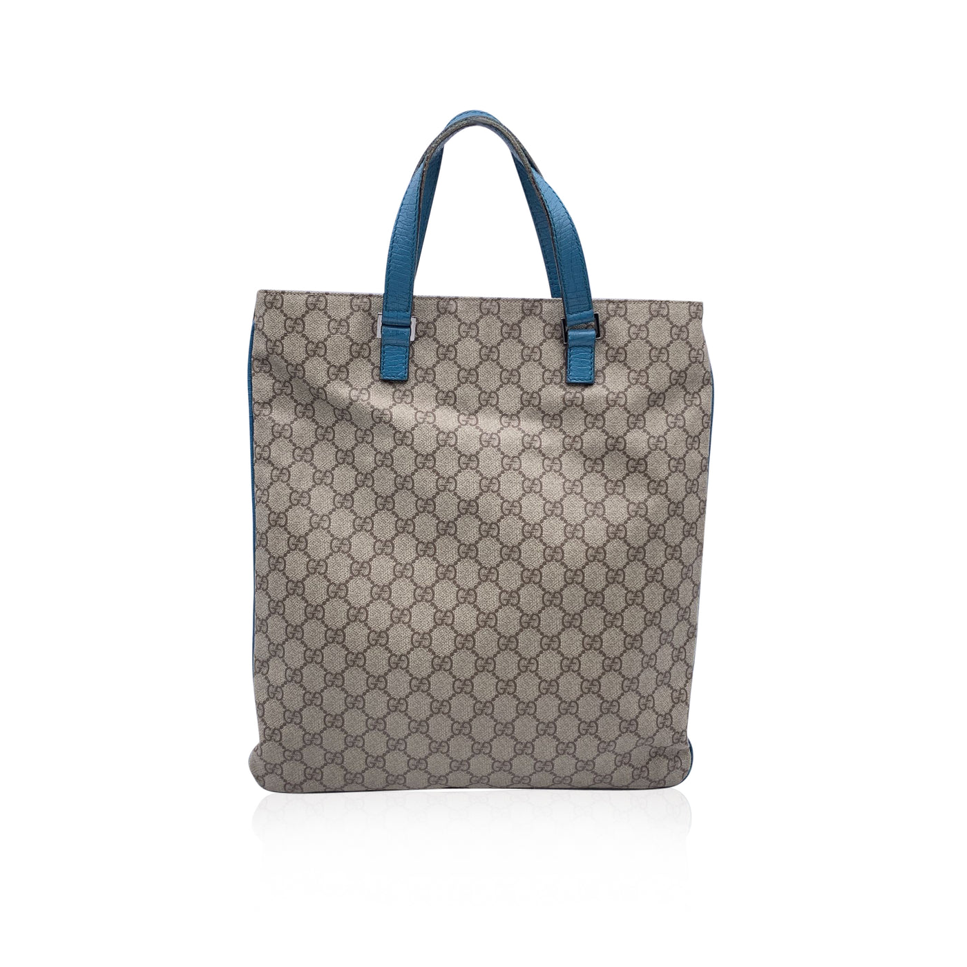 Gucci Beige GG Monogram Canvas Tote Shopping Bag Teal Leather