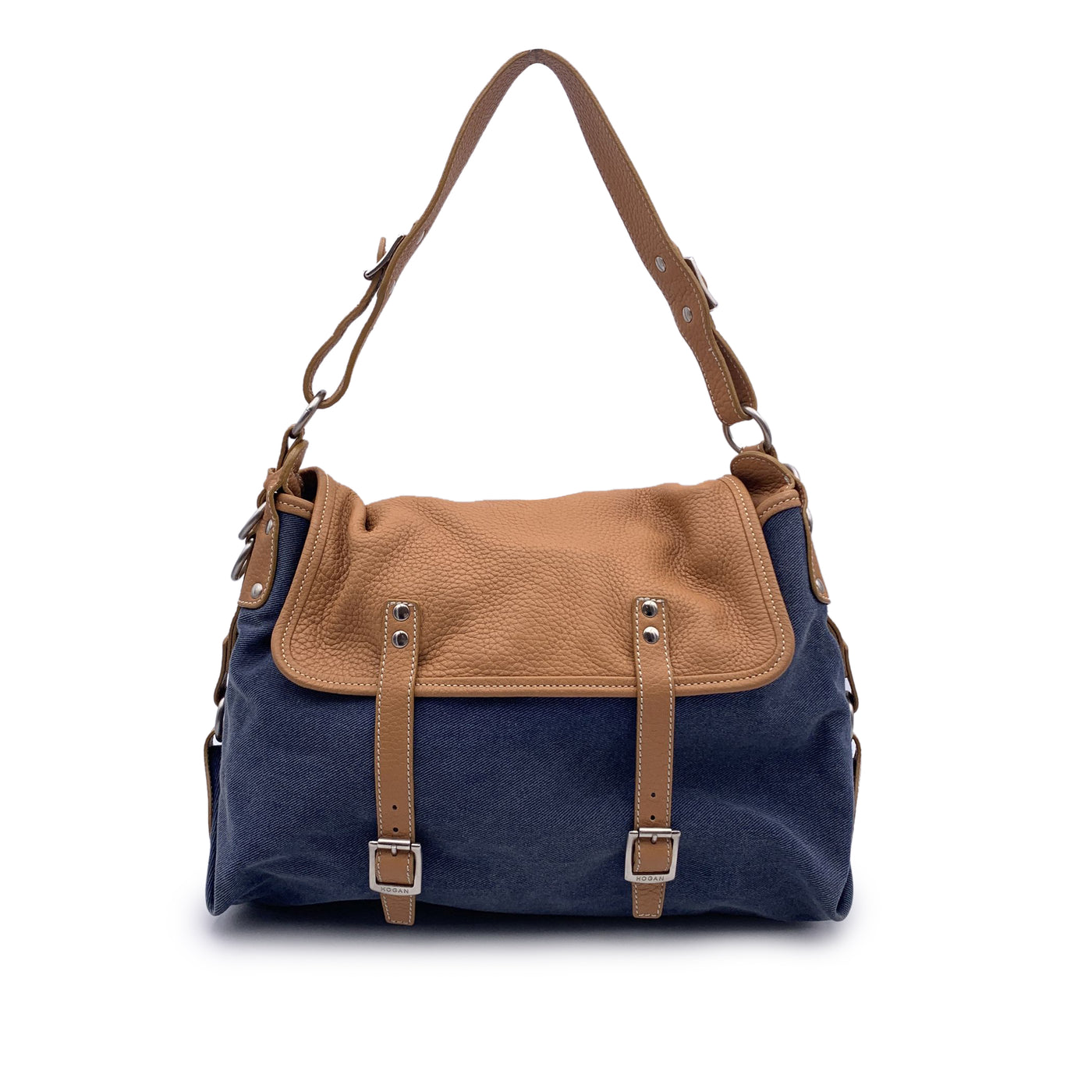 Hogan Blue Denim and Beige Leather Flap Shoulder Bag Tote