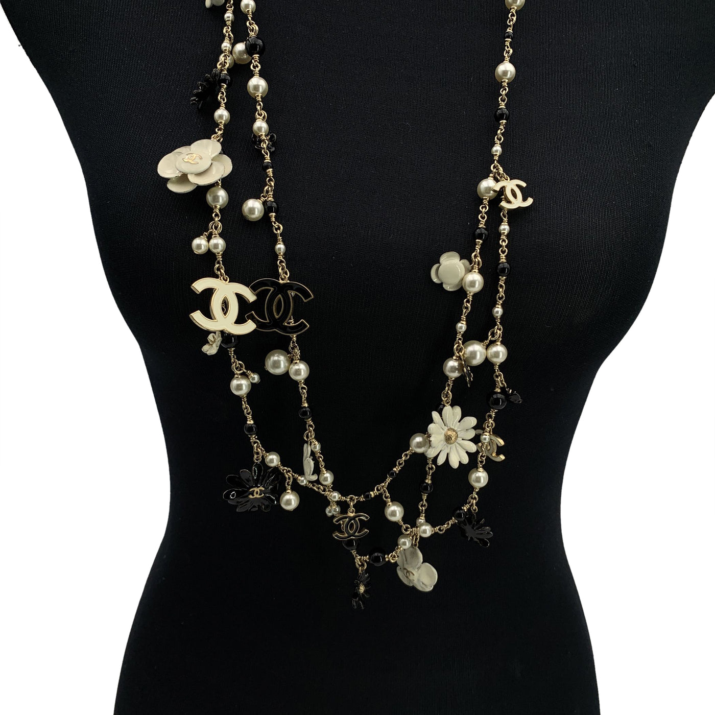 Chanel Camelia Flowers and CC Logos Long Multi Strand Necklace