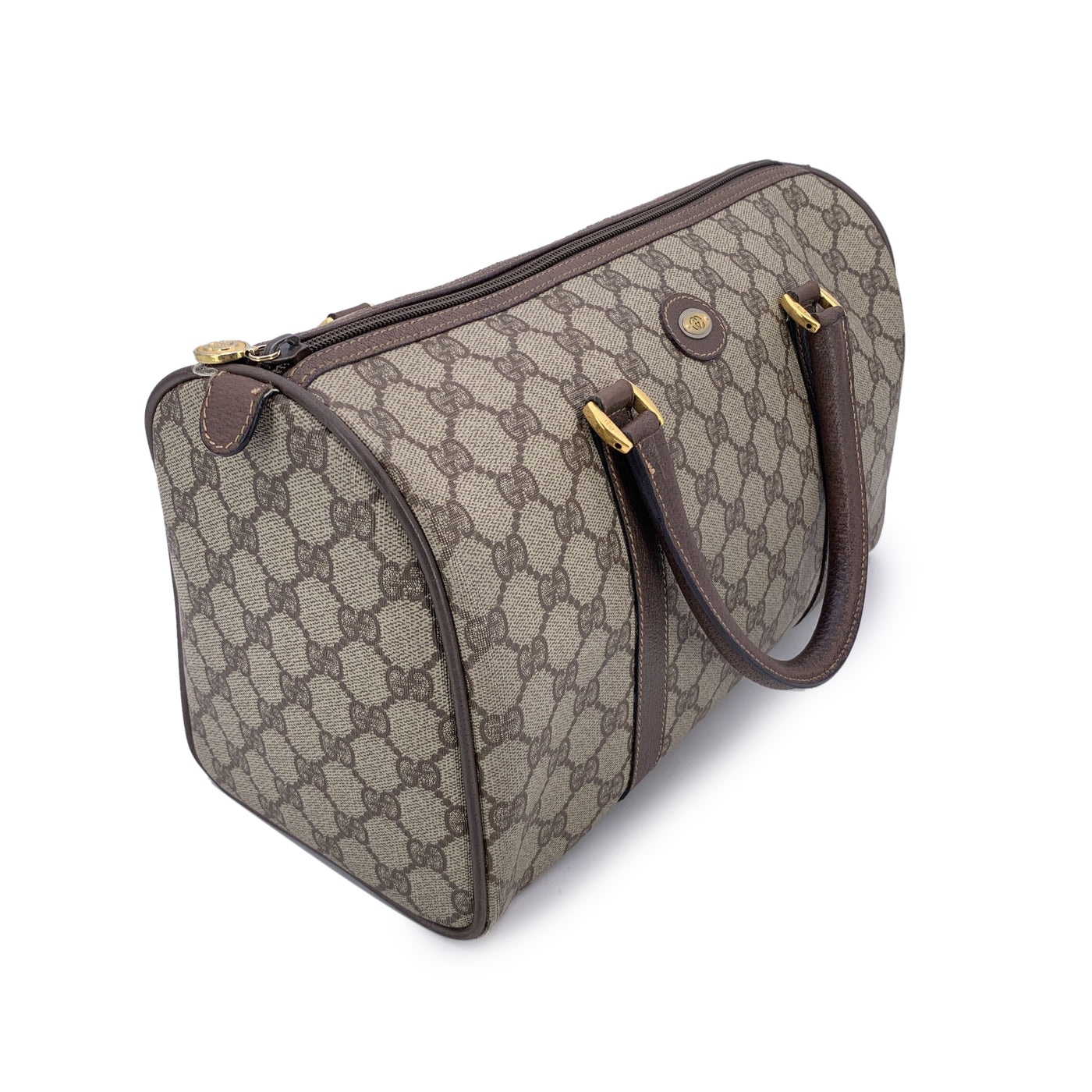 Gucci Vintage Beige Monogram Canvas Leather GG Logo Boston Bag