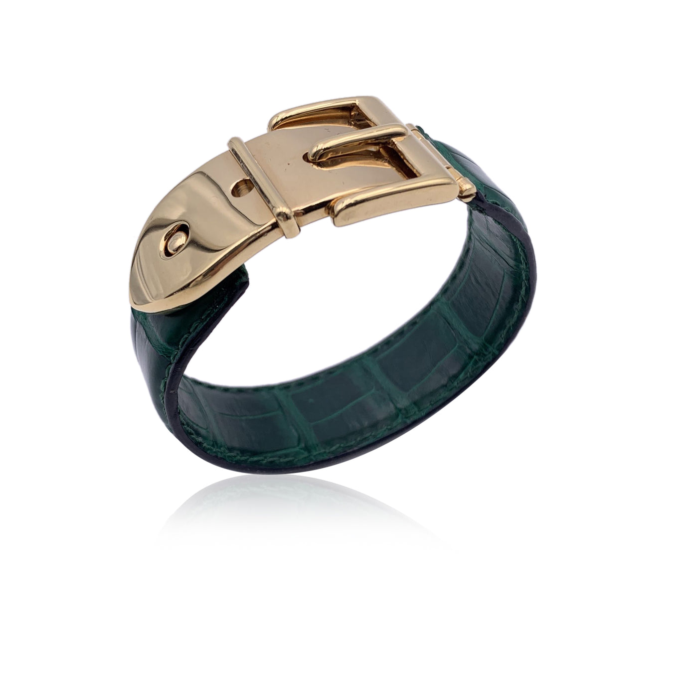 Gucci Vintage Green Leather Belt Bangle Cuff Bracelet Gold Buckle