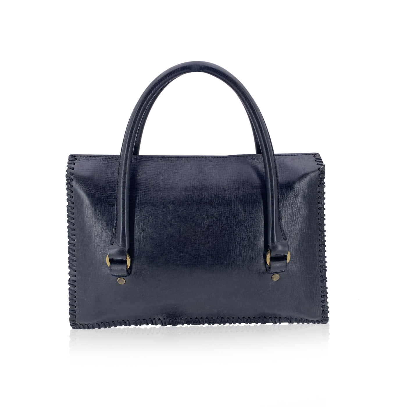 Gucci Black Leather Hook Closure Whipstitched Satchel Handbag