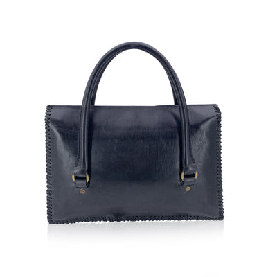 Gucci Black Leather Hook Closure Whipstitched Satchel Handbag