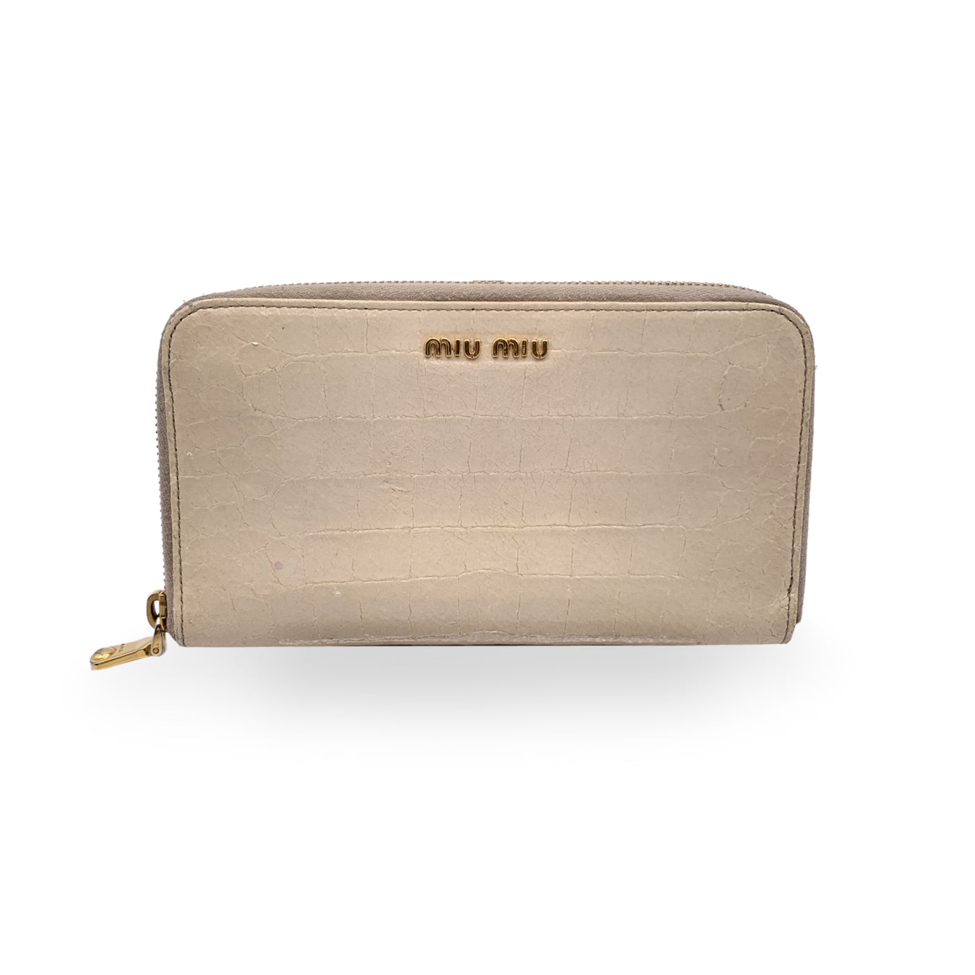 Miu Miu Light Beige Embossed Leather Zippy Long Continental Wallet