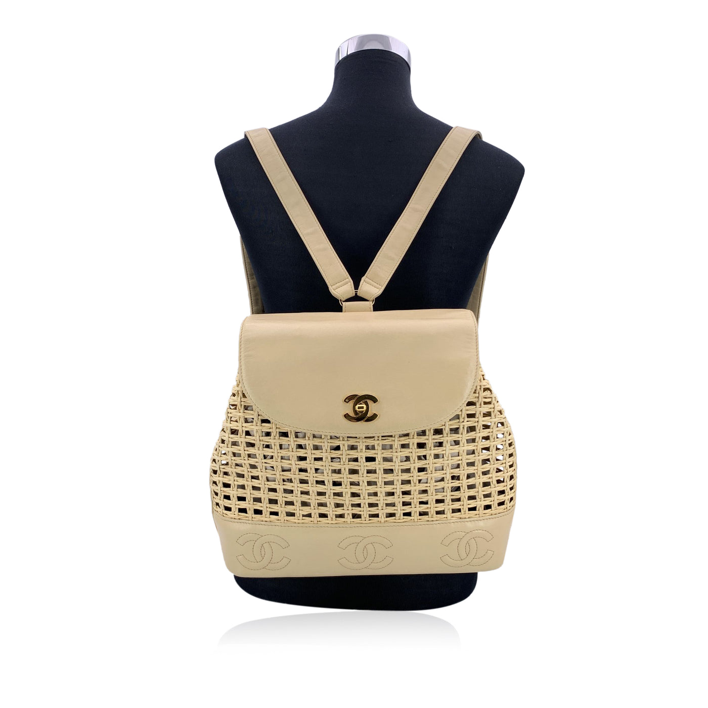 Chanel Vintage Beige Leather and Straw Backpack Shoulder Bag