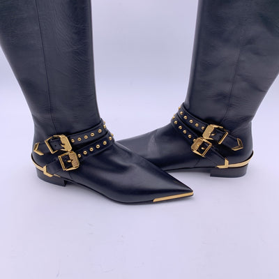 Versace Black Leather Riding Boots with Gold Metal Buckles Size 36