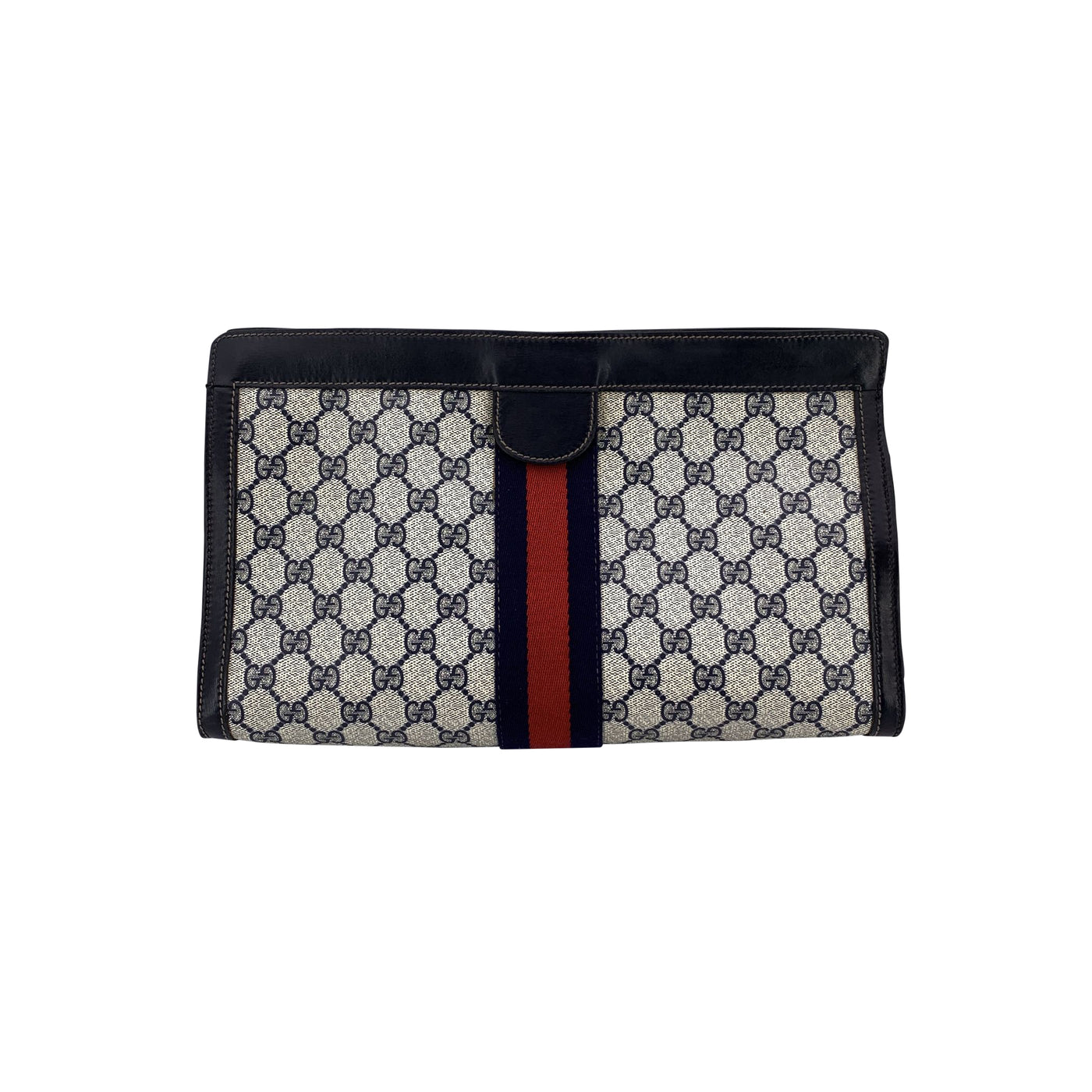 Gucci Vintage Blue Monogram Cosmetic Bag Large Clutch with Stripes