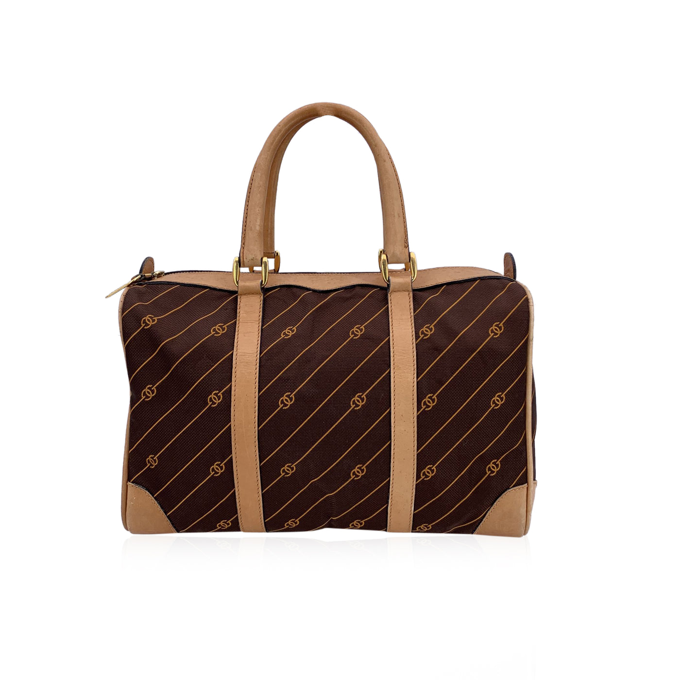Gucci Vintage Brown Logo Canvas GG Tan Leather Boston Bag