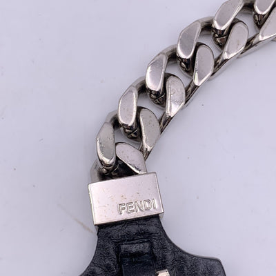 Fendi Black Leather Collar and Silver Metal Cuban Chain Necklace