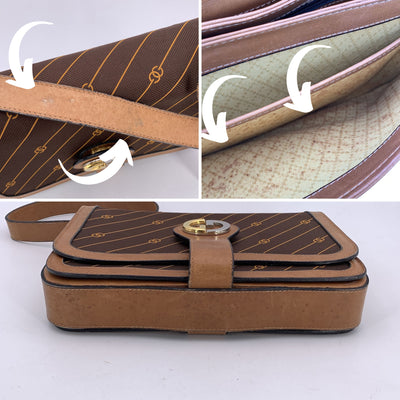 Gucci Vintage Brown Logo Canvas GG Tan Leather Shoulder Bag