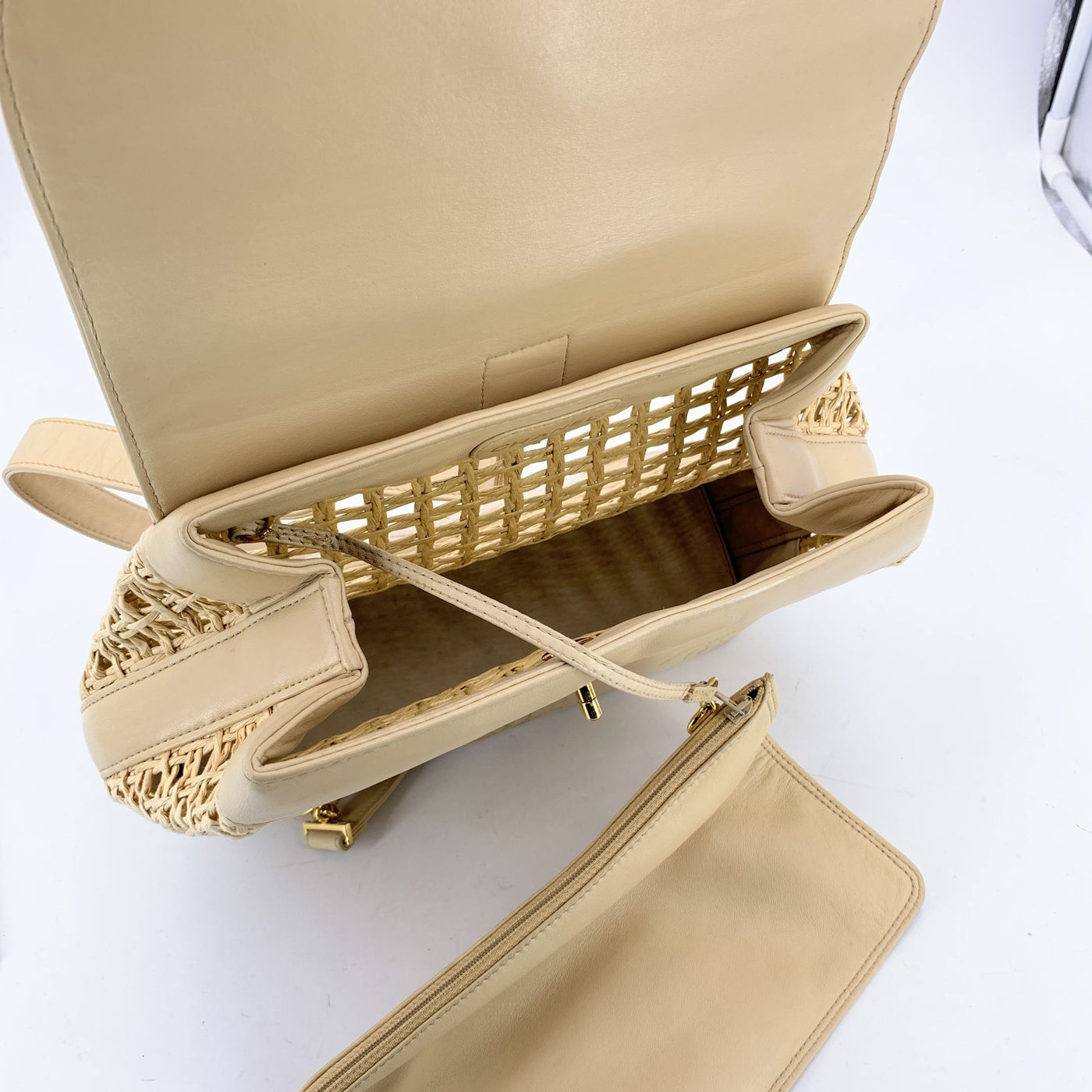 Chanel Vintage Beige Leather and Straw Backpack Shoulder Bag