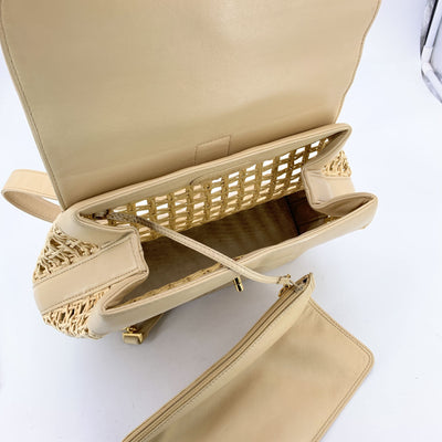 Chanel Vintage Beige Leather and Straw Backpack Shoulder Bag