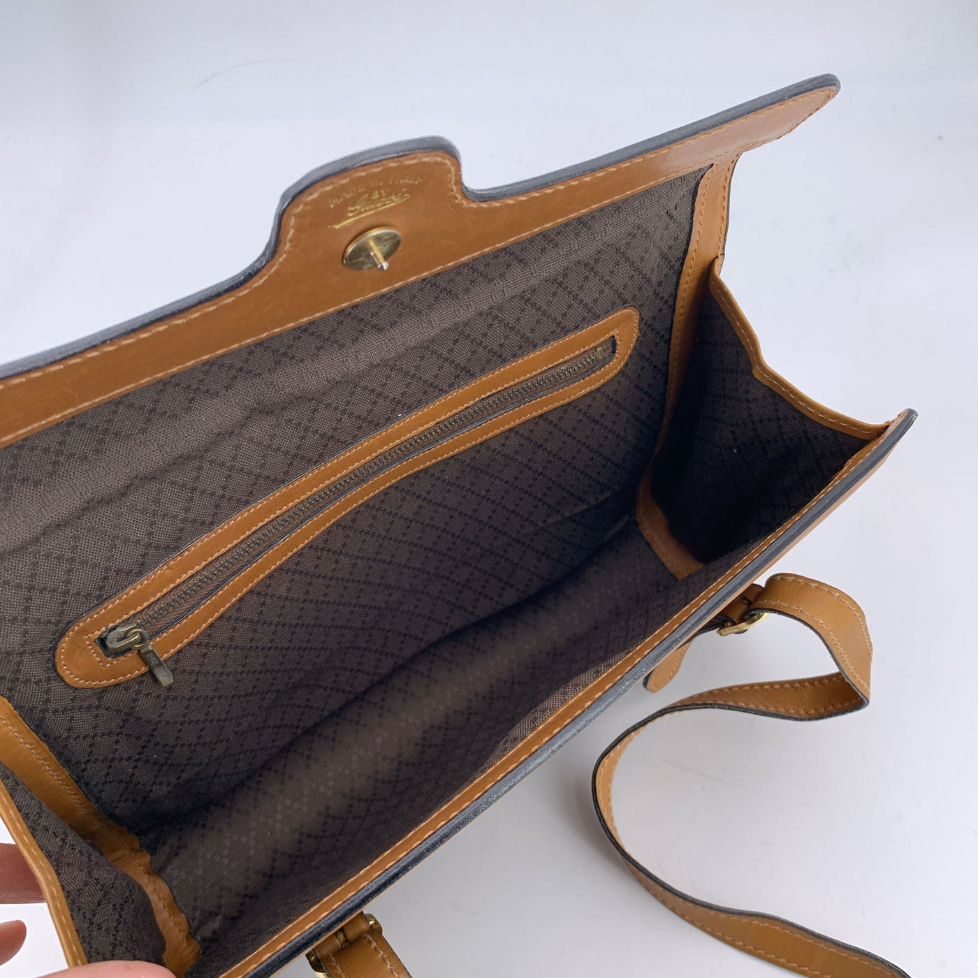 Gucci Vintage Brown Logo Canvas GG Tan Leather Shoulder Bag